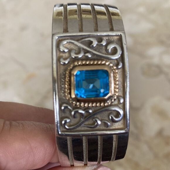 14K & Sterling Silver Wide Cuff Blue Topaz 57g - Picture 5 of 8